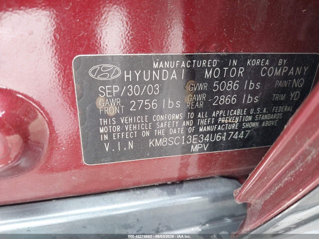 Продажа на аукционе авто 2004 Hyundai Santa Fe Gls/lx, vin: KM8SC13E34U617447, номер лота: 45275882