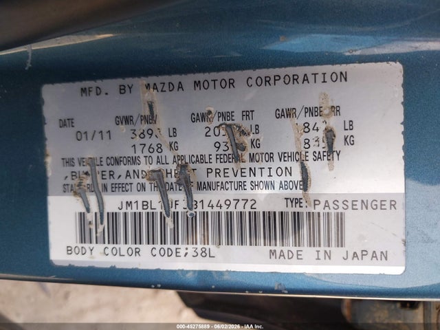 45275889 :رقم المزاد ، JM1BL1UF3B1449772 vin ، 2011 Mazda Mazda3 I Sport مزاد بيع