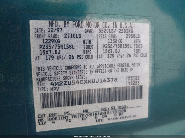 Aukcja sprzedaży 1998 Mercury Mountaineer, vin: 4M2ZU54EXWUJ16378, numer aukcji: 45275894