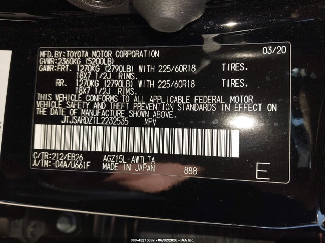 Aukcja sprzedaży 2020 Lexus Nx 300 F Sport, vin: JTJSARDZ1L2232535, numer aukcji: 45275897