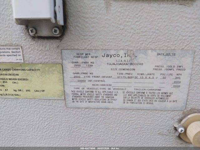Продаж на аукціоні авто 2010 Jayco Trl, vin: 1UJAJ0AGXA1BC0248, номер лоту: 45275898
