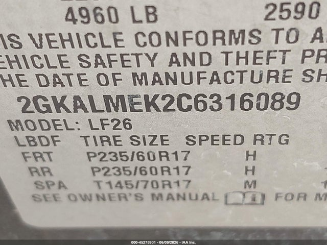 45275901 :رقم المزاد ، 2GKALMEK2C6316089 vin ، 2012 Gmc Terrain Sle-1 مزاد بيع