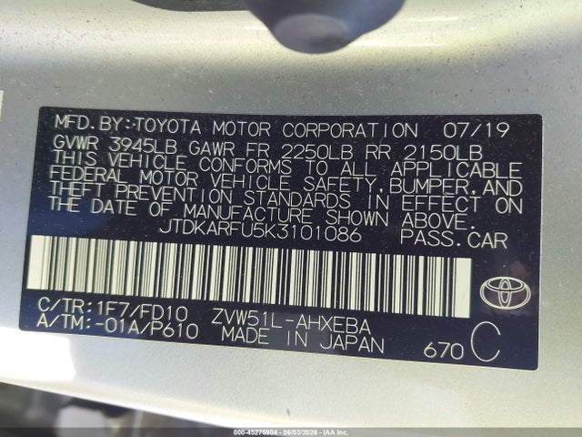 Toyota Prius Le 2019 JTDKARFU5K3101086 Image 9