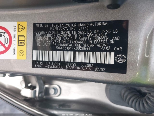 Aukcja sprzedaży 2019 Lexus Es 350, vin: 58ABZ1B17KU020644, numer aukcji: 45275905
