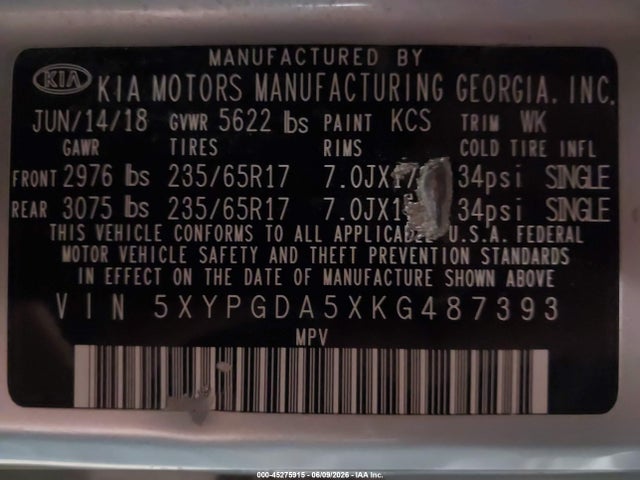 Продаж на аукціоні авто 2019 Kia Sorento 3.3l Lx, vin: 5XYPGDA5XKG487393, номер лоту: 45275915