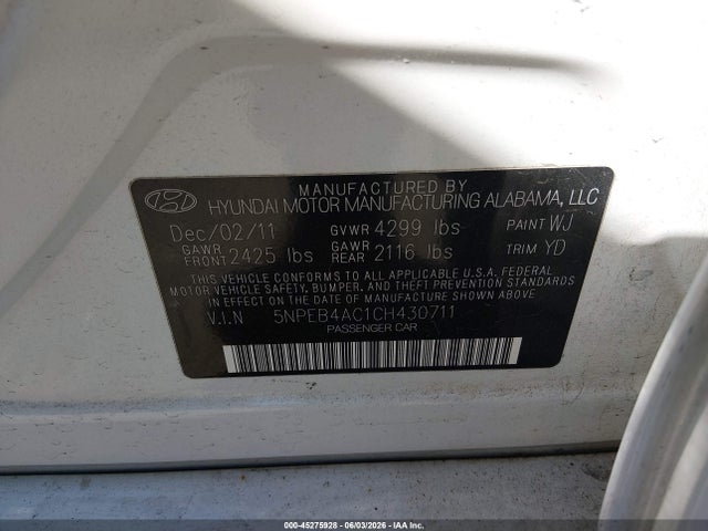 Aukcja sprzedaży 2012 Hyundai Sonata Gls, vin: 5NPEB4AC1CH430711, numer aukcji: 45275928