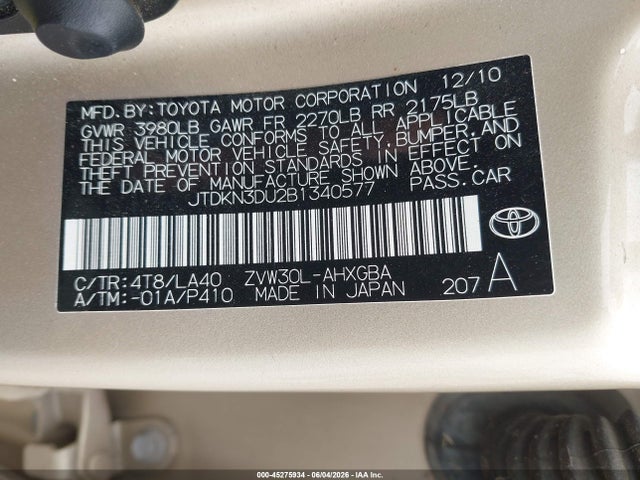 45275934 :رقم المزاد ، JTDKN3DU2B1340577 vin ، 2011 Toyota Prius مزاد بيع