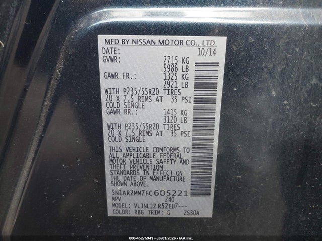45275941 :رقم المزاد ، 5N1AR2MM7FC605221 vin ، 2015 Nissan Pathfinder Platinum مزاد بيع