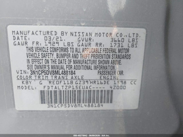 Продаж на аукціоні авто 2021 Nissan Kicks Sr Xtronic Cvt, vin: 3N1CP5DV8ML488184, номер лоту: 45275942