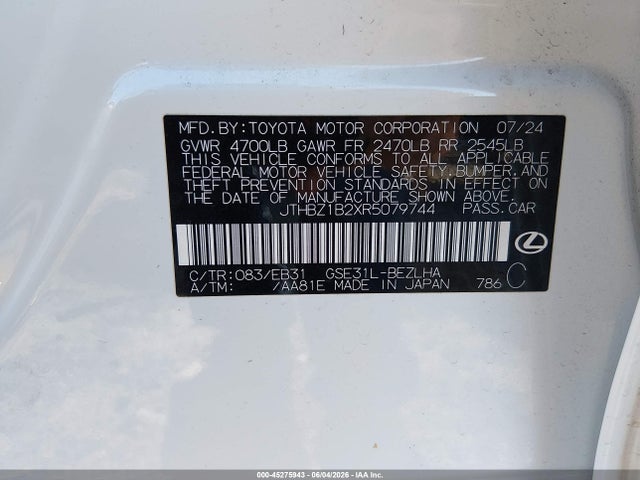 45275943 :رقم المزاد ، JTHBZ1B2XR5079744 vin ، 2024 Lexus Is 350 F Sport Design مزاد بيع