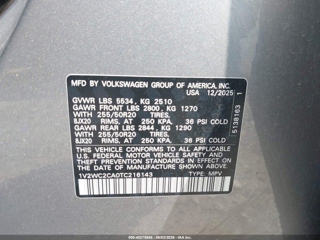 45275948 :رقم المزاد ، 1V2WC2CA0TC216143 vin ، 2026 Volkswagen Atlas Cross Sport Se With Technology مزاد بيع