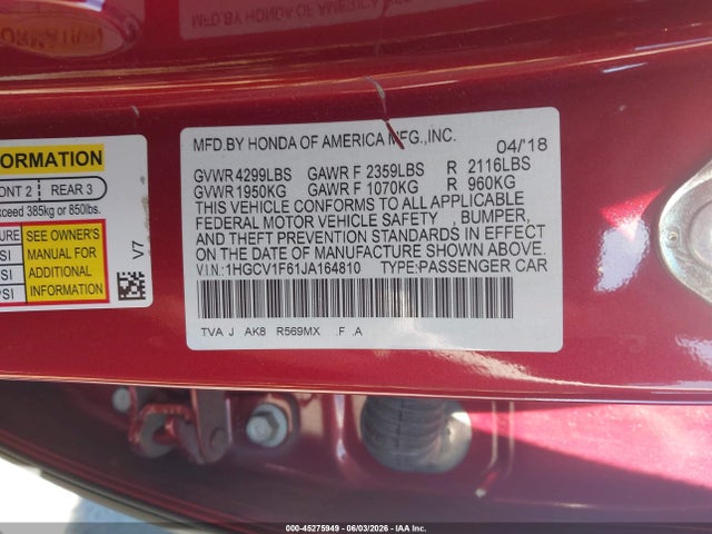 Honda Accord Ex-l 2018 1HGCV1F61JA164810 Image 9