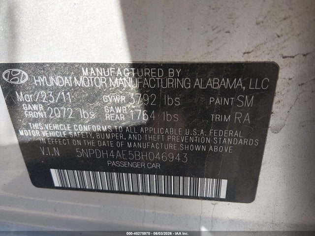 Aukcja sprzedaży 2011 Hyundai Elantra Gls, vin: 5NPDH4AE5BH046943, numer aukcji: 45275970