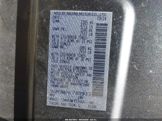 45275972 :رقم المزاد ، 5N1BT3BB7SC780933 vin ، 2025 Nissan Rogue Sv Intelligent Awd مزاد بيع