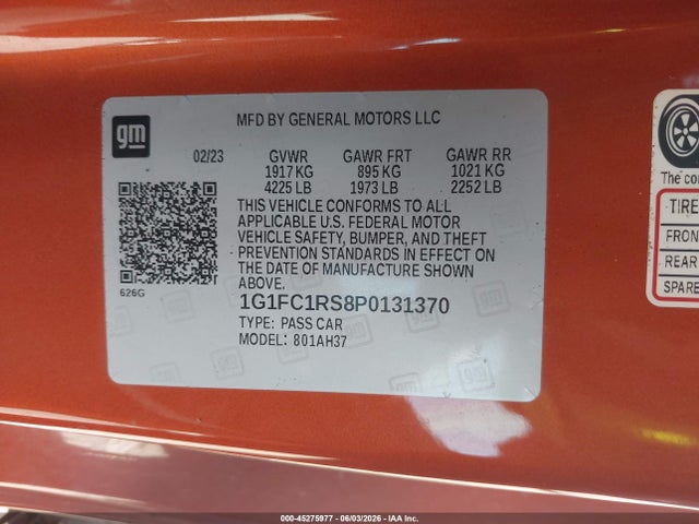 45275977 :رقم المزاد ، 1G1FC1RS8P0131370 vin ، 2023 Chevrolet Camaro Rwd  2lt مزاد بيع