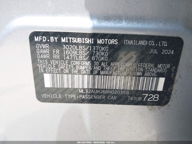 Aukcja sprzedaży 2024 Mitsubishi Mirage Es/le, vin: ML32AUHJ6RH020359, numer aukcji: 45275980