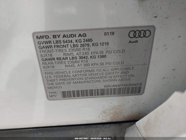 Продажа на аукционе авто 2019 Audi Q5 45 Premium, vin: WA1ANAFYXK2045215, номер лота: 45275981