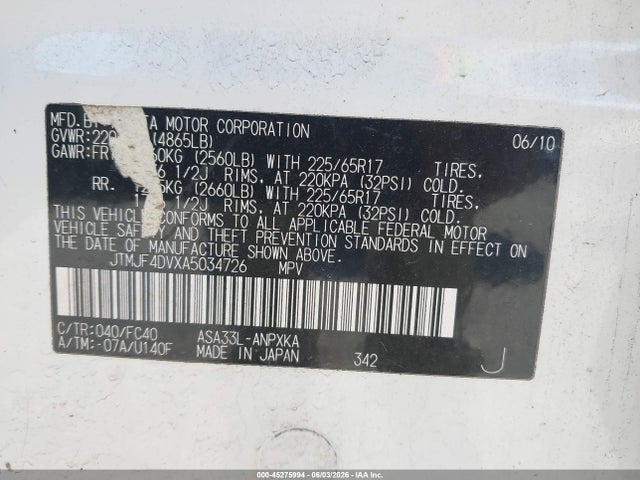 45275994 :رقم المزاد ، JTMJF4DVXA5034726 vin ، 2010 Toyota Rav4 مزاد بيع