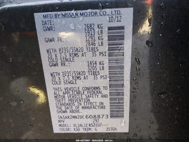 2013 Nissan Pathfinder Platinum მანქანა იყიდება აუქციონზე, vin: 5N1AR2MN2DC608873, აუქციონის ნომერი: 45275997