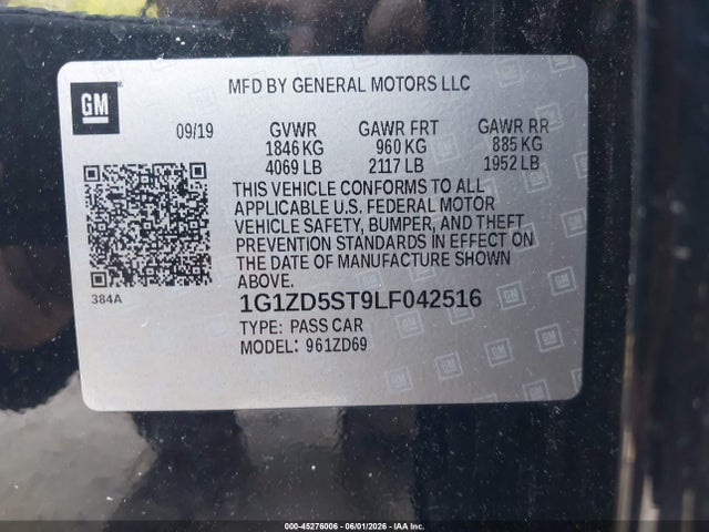 45276006 :رقم المزاد ، 1G1ZD5ST9LF042516 vin ، 2020 Chevrolet Malibu Fwd Lt مزاد بيع