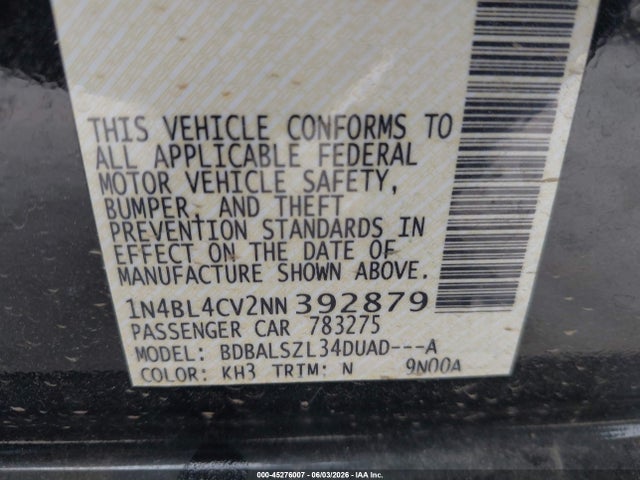 1N4BL4CV2NN392879 Nissan Altima Sr Fwd