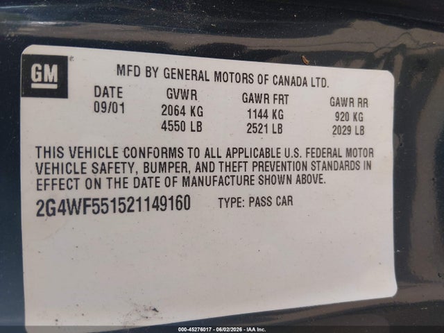 45276017 :رقم المزاد ، 2G4WF551521149160 vin ، 2002 Buick Regal Gs مزاد بيع