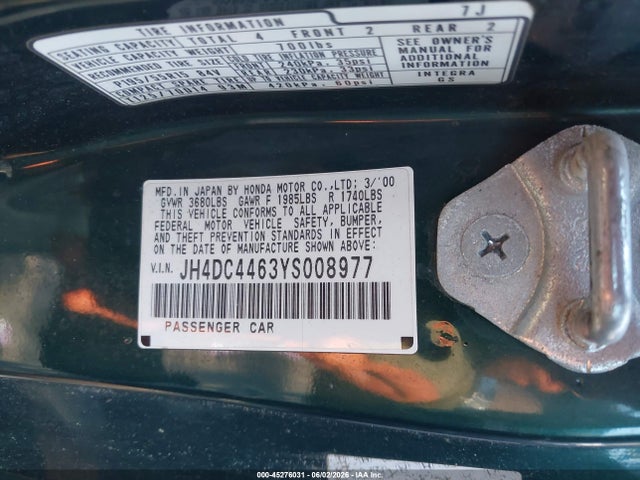 45276031 :رقم المزاد ، JH4DC4463YS008977 vin ، 2000 Acura Integra Gs مزاد بيع