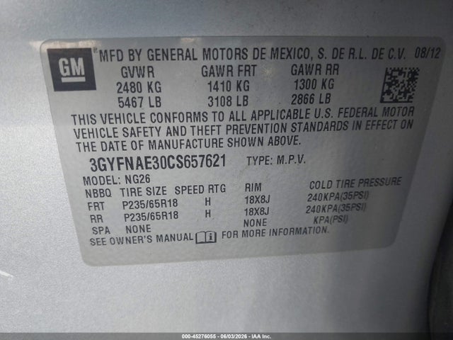 2012 Cadillac Srx Luxury Collection მანქანა იყიდება აუქციონზე, vin: 3GYFNAE30CS657621, აუქციონის ნომერი: 45276055