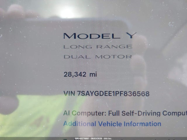 2023 Tesla Model Y Awd/long Range Dual Motor All-wheel Drive მანქანა იყიდება აუქციონზე, vin: 7SAYGDEE1PF836568, აუქციონის ნომერი: 45276061