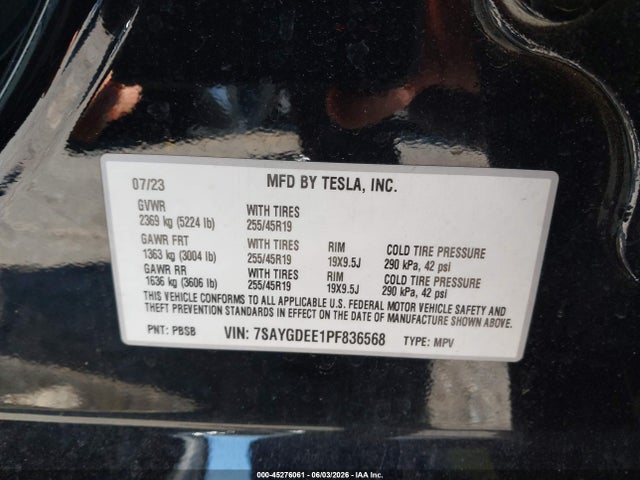 2023 Tesla Model Y Awd/long Range Dual Motor All-wheel Drive მანქანა იყიდება აუქციონზე, vin: 7SAYGDEE1PF836568, აუქციონის ნომერი: 45276061