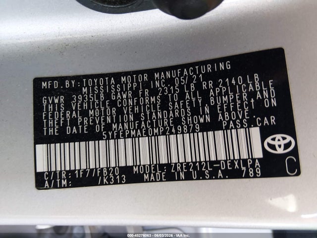 45276063 :رقم المزاد ، 5YFEPMAE0MP249879 vin ، 2021 Toyota Corolla Le مزاد بيع