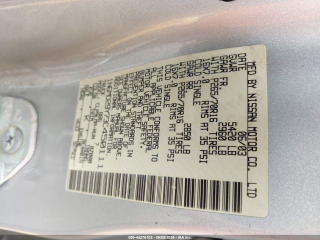 2003 Nissan Frontier Sve-v6 მანქანა იყიდება აუქციონზე, vin: 1N6MD29Y73C450111, აუქციონის ნომერი: 45276102