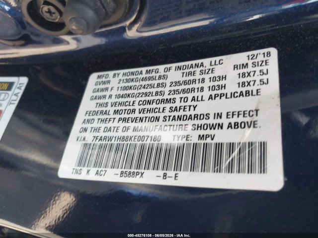 Продаж на аукціоні авто 2019 Honda Cr-v Ex-l, vin: 7FARW1H88KE007180, номер лоту: 45276108