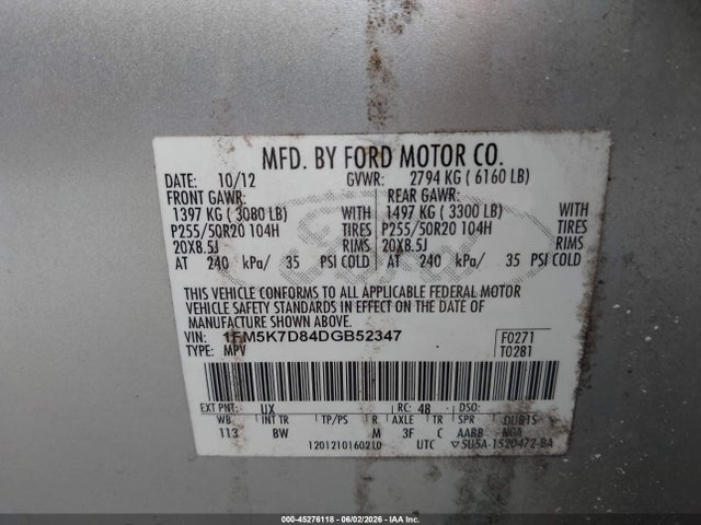 Aukcja sprzedaży 2013 Ford Explorer Xlt, vin: 1FM5K7D84DGB52347, numer aukcji: 45276118