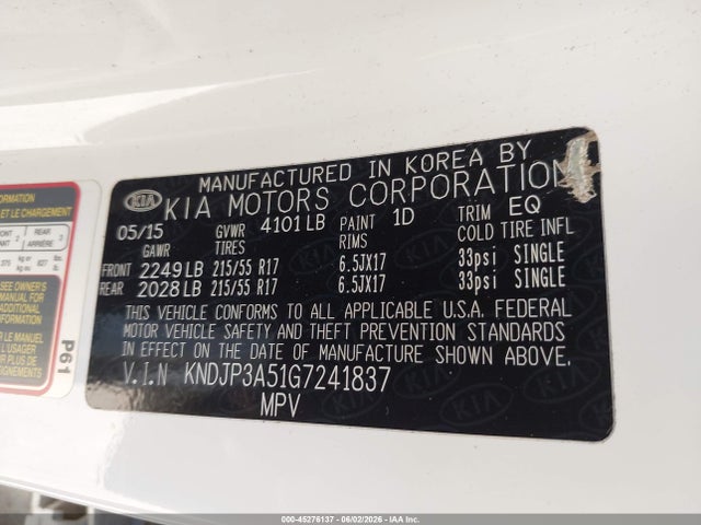 45276137 :رقم المزاد ، KNDJP3A51G7241837 vin ، 2016 Kia Soul + مزاد بيع