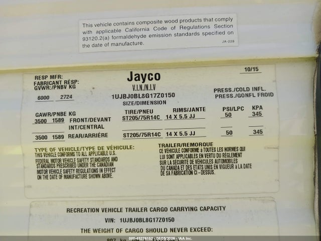 Продажа на аукционе авто 2016 Jayco Ct, vin: 1UJBJ0BL8G17Z0150, номер лота: 45276152