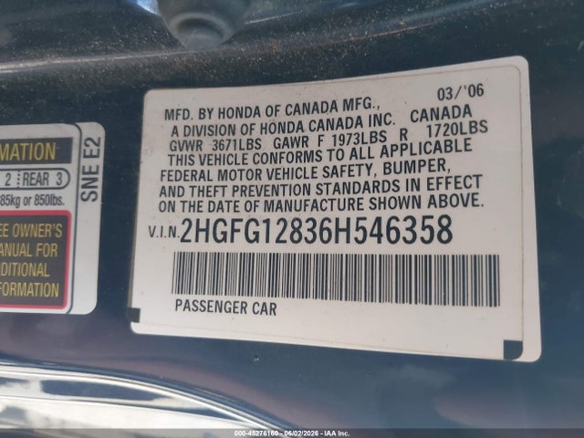 Aukcja sprzedaży 2006 Honda Civic Ex, vin: 2HGFG12836H546358, numer aukcji: 45276160