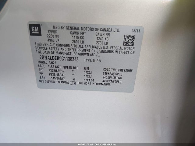 Продаж на аукціоні авто 2012 Chevrolet Equinox 1lt, vin: 2GNALDEK9C1138343, номер лоту: 45276161