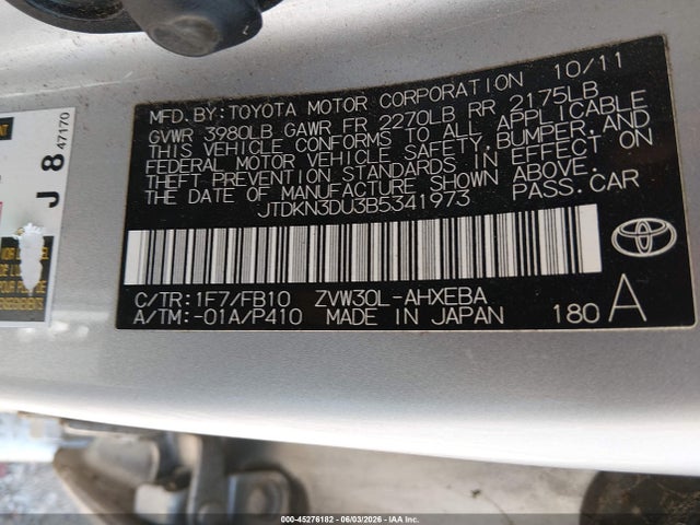 Aukcja sprzedaży 2011 Toyota Prius Two, vin: JTDKN3DU3B5341973, numer aukcji: 45276182