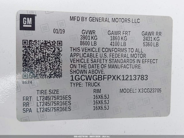 45276186 :رقم المزاد ، 1GCWGBFPXK1213783 vin ، 2019 Chevrolet Express 2500 Work Van مزاد بيع