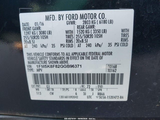 Продажа на аукционе авто 2016 Ford Explorer Limited, vin: 1FM5K8F82GGB96371, номер лота: 45276191