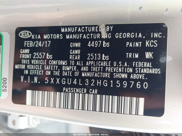 Продаж на аукціоні авто 2017 Kia Optima Ex, vin: 5XXGU4L32HG159760, номер лоту: 45276198