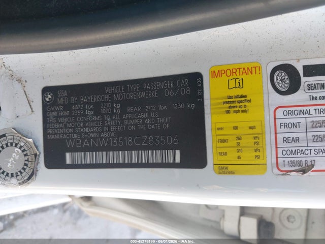 2008 Bmw 535i მანქანა იყიდება აუქციონზე, vin: WBANW13518CZ83506, აუქციონის ნომერი: 45276199