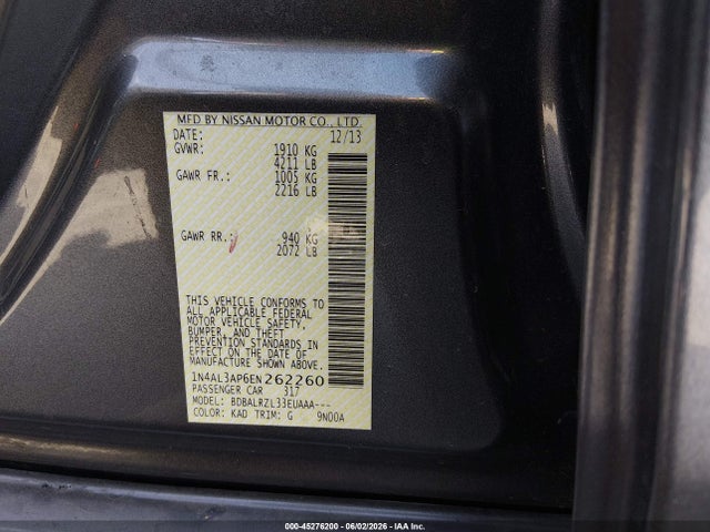 Продажа на аукционе авто 2014 Nissan Altima 2.5 S, vin: 1N4AL3AP6EN262260, номер лота: 45276200
