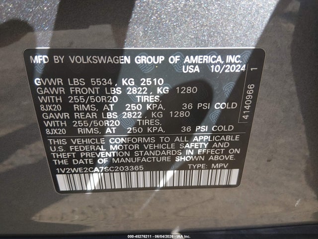 Продажа на аукционе авто 2025 Volkswagen Atlas Cross Sport 2.0t Se W/technology, vin: 1V2WE2CA7SC203365, номер лота: 45276211