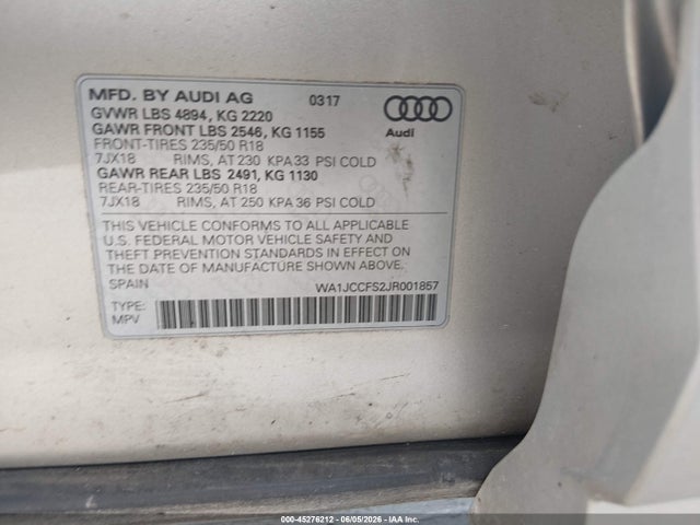 Aukcja sprzedaży 2018 Audi Q3 2.0t Premium/2.0t Sport Premium, vin: WA1JCCFS2JR001857, numer aukcji: 45276212