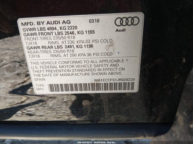 45276218 :رقم المزاد ، WA1ECCFS1JR029229 vin ، 2018 Audi Q3 2.0t Premium/2.0t Sport Premium مزاد بيع