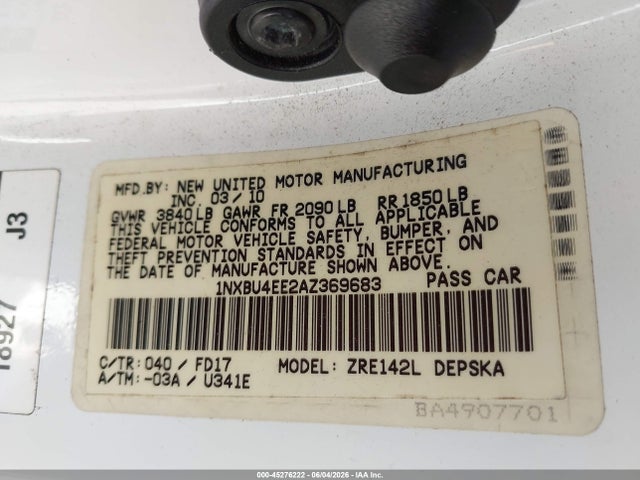 45276222 :رقم المزاد ، 1NXBU4EE2AZ369683 vin ، 2010 Toyota Corolla S مزاد بيع