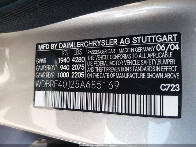 45276223 :رقم المزاد ، WDBRF40J25A685169 vin ، 2005 Mercedes-benz C 230 Kompressor Sport مزاد بيع