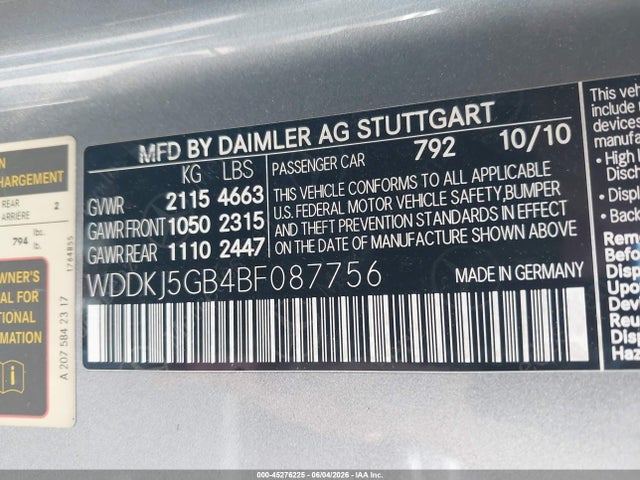 45276225 :رقم المزاد ، WDDKJ5GB4BF087756 vin ، 2011 Mercedes-benz E 350 مزاد بيع